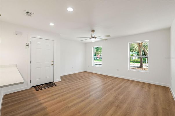 Empty room, Interior, Recessed Lighting, Wood Texture Flooring