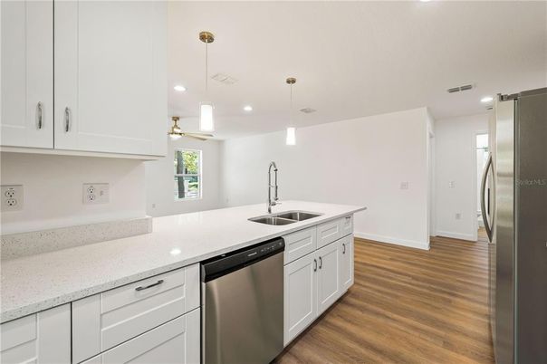 Interior, Kitchen, Pendant Lights, Recessed Lighting, Wood Texture Flooring