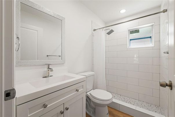 Bathroom, Glass Shower, Interior, Recessed Lighting, Wood Texture Flooring