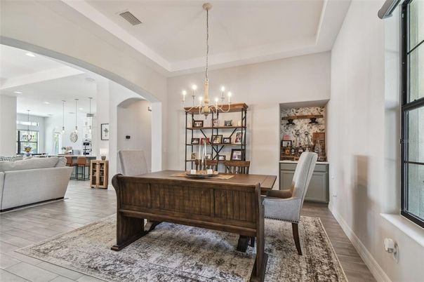 Chandelier, Dining room, Interior, Living room, Pendant Lights, Recessed Lighting, Wood Texture Flooring