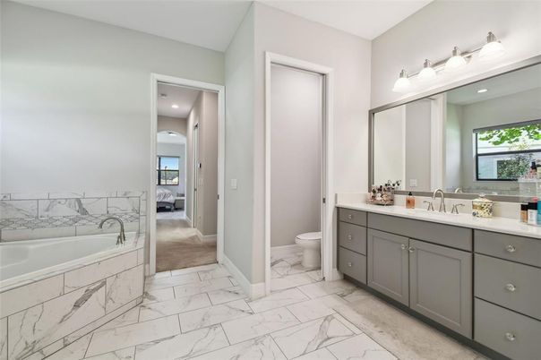 Bathroom, Dual Sink Vanities, Interior, Marble, Recessed Lighting