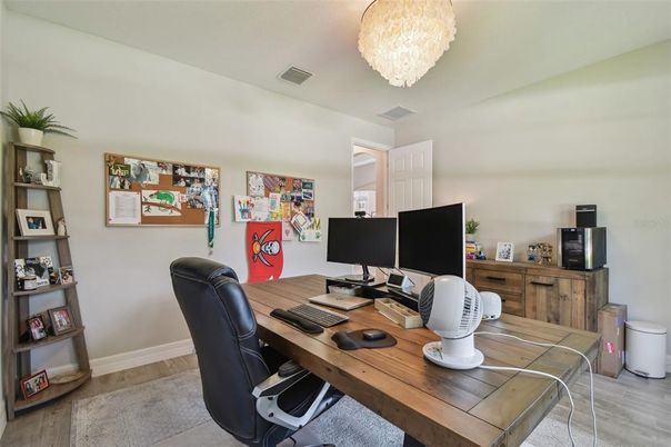 Chandelier, Home Office, Interior, Wood Texture Flooring