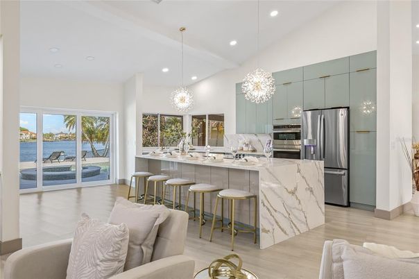 Interior, Kitchen, Pendant Lights, Recessed Lighting, Stainless Steel Appliances, Water, Wood Texture Flooring