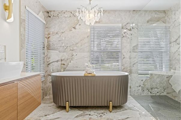 Bathroom, Chandelier, Free Standing Baths, Interior, Marble Walls