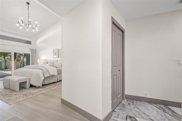 Bedroom, Interior, Marble, Pendant Lights, Wood Texture Flooring