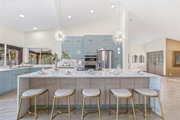 Chandelier, Interior, Kitchen, Pendant Lights, Recessed Lighting, Stainless Steel Appliances