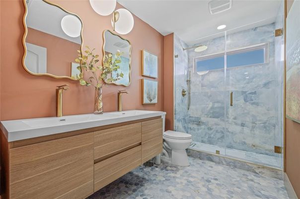 Bathroom, Dual Sink Vanities, Glass Shower, Interior, Recessed Lighting