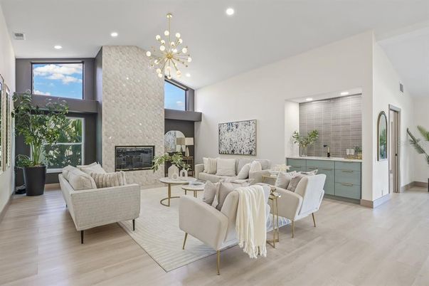 Fireplace, Interior, Living room, Pendant Lights, Recessed Lighting, Wood Texture Flooring