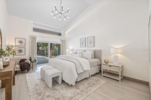 Bedroom, Interior, Pendant Lights, Wood Texture Flooring