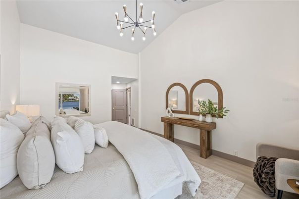 Bedroom, Interior, Pendant Lights, Recessed Lighting, Wood Texture Flooring