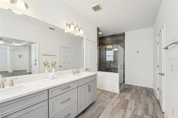 Bathroom, Dual Sink Vanities, Glass Shower, Interior, Wood Texture Flooring