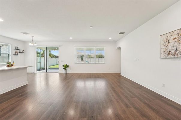 Empty room, Interior, Pendant Lights, Recessed Lighting, Wood Texture Flooring