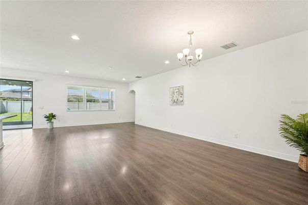 Chandelier, Empty room, Interior, Recessed Lighting, Wood Texture Flooring