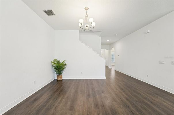 Chandelier, Empty room, Interior, Recessed Lighting, Wood Texture Flooring