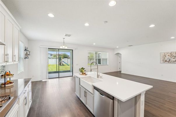 Interior, Kitchen, Pendant Lights, Recessed Lighting, Wood Texture Flooring