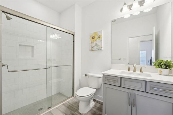 Bathroom, Glass Shower, Interior, Wood Texture Flooring