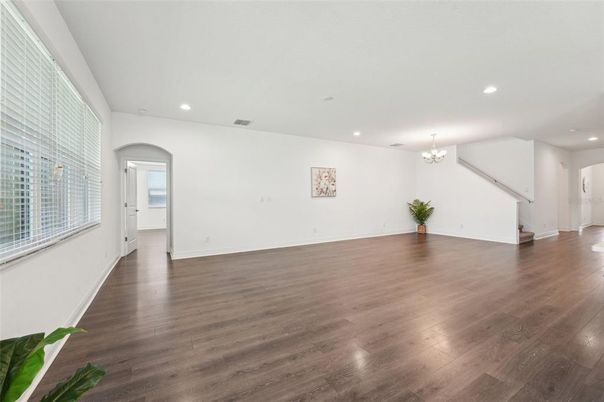 Chandelier, Empty room, Interior, Recessed Lighting, Wood Texture Flooring