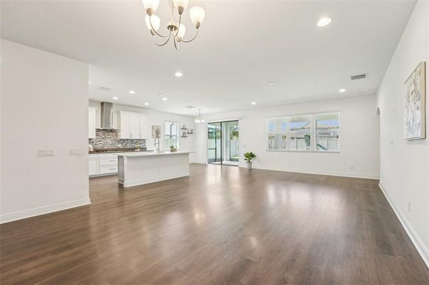 Chandelier, Empty room, Interior, Kitchen, Recessed Lighting, Wood Texture Flooring