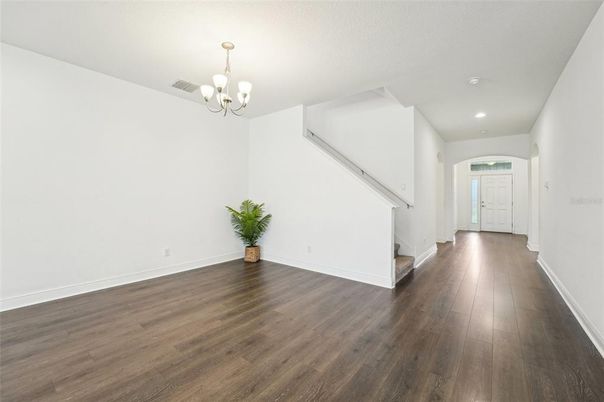 Chandelier, Empty room, Interior, Recessed Lighting, Wood Texture Flooring