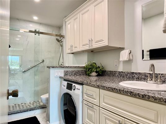Bathroom, Glass Shower, Interior, Marble Walls, Recessed Lighting, Washer