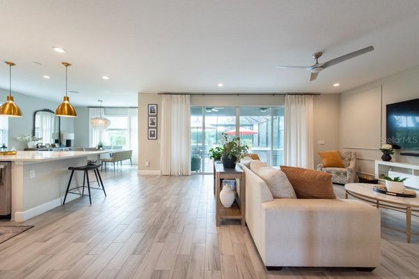 Dining room, Interior, Kitchen, Living room, Pendant Lights, Recessed Lighting, Wood Texture Flooring