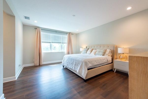 Bedroom, Interior, Recessed Lighting, Wood Texture Flooring