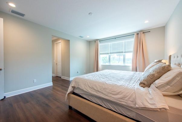 Bedroom, Interior, Recessed Lighting, Wood Texture Flooring