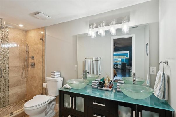 Bathroom, Dual Sink Vanities, Glass Shower, Interior, Recessed Lighting