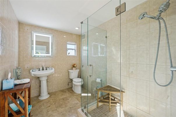 Bathroom, Glass Shower, Interior, Recessed Lighting