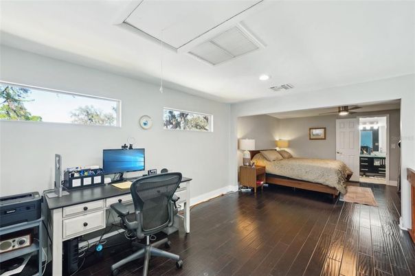 Bedroom, Home Office, Interior, Recessed Lighting, Wood Texture Flooring