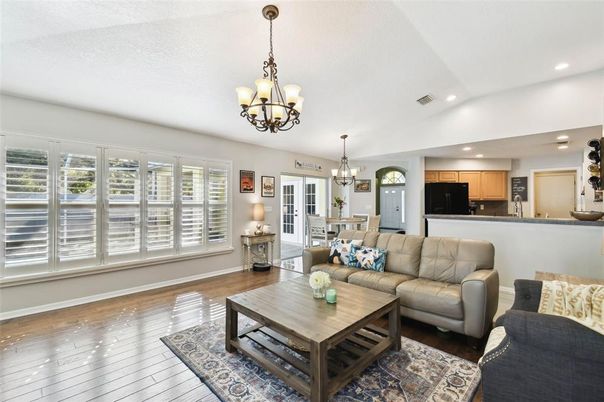 Chandelier, Dining room, Interior, Kitchen, Living room, Pendant Lights, Recessed Lighting, Wood Texture Flooring