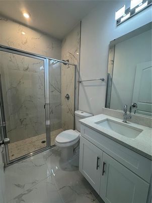Bathroom, Glass Shower, Interior, Marble, Marble Walls, Recessed Lighting