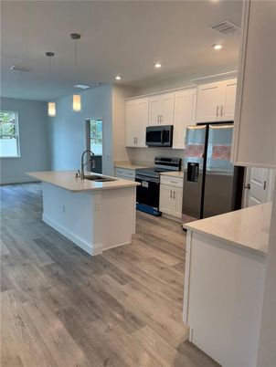 Interior, Kitchen, Pendant Lights, Recessed Lighting, Wood Texture Flooring
