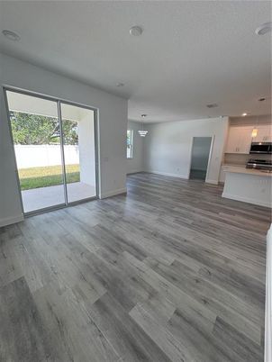 Empty room, Interior, Kitchen, Pendant Lights, Recessed Lighting, Wood Texture Flooring