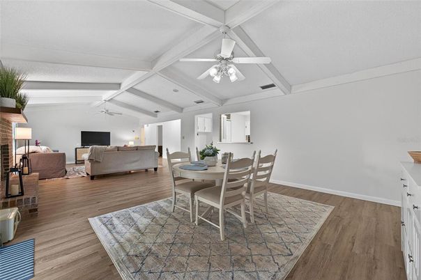 Dining room, Fireplace, Interior, Living room, Wood Texture Flooring