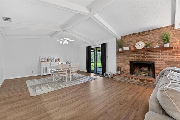 Dining room, Fireplace, Interior, Stone Walls, Wood Texture Flooring