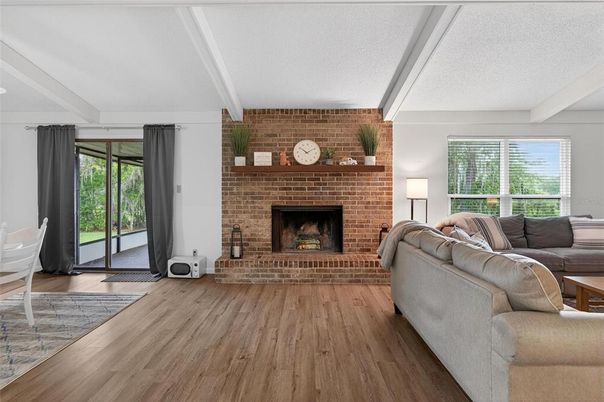 Fireplace, Interior, Living room, Stone Walls, Wood Texture Flooring