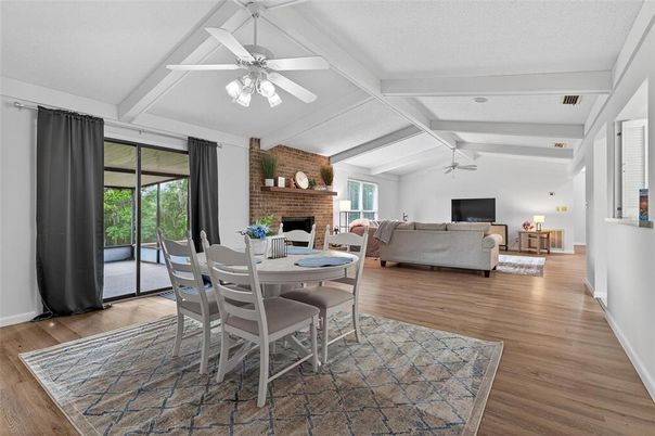 Dining room, Fireplace, Interior, Living room, Stone Walls, Wood Texture Flooring