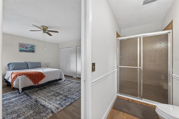 Bathroom, Bedroom, Glass Shower, Interior, Wood Texture Flooring