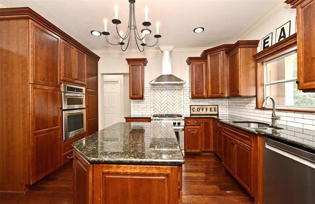 Chandelier, Interior, Kitchen, Recessed Lighting, Stainless Steel Appliances, Wood Texture Flooring