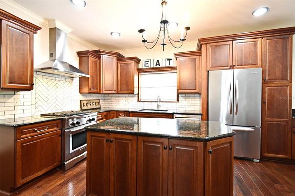 Chandelier, Interior, Kitchen, Recessed Lighting, Stainless Steel Appliances, Wood Texture Flooring