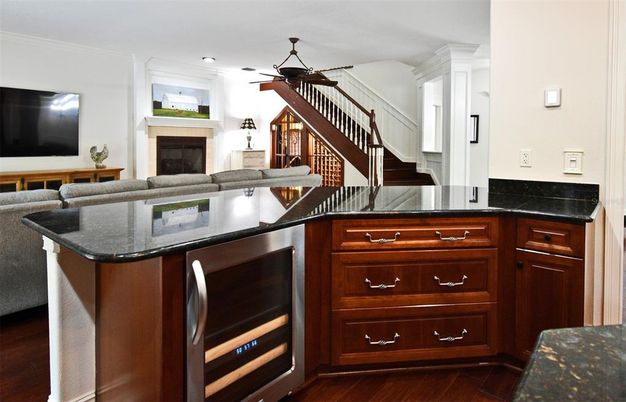 Fireplace, Interior, Kitchen, Living room, Recessed Lighting, Wood Texture Flooring
