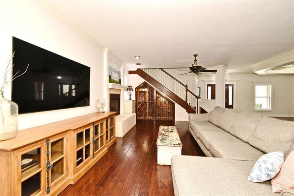 Fireplace, Interior, Living room, Recessed Lighting, Wood Texture Flooring