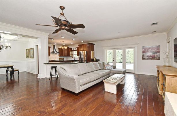 Chandelier, Interior, Kitchen, Living room, Recessed Lighting, Stainless Steel Appliances, Wood Texture Flooring