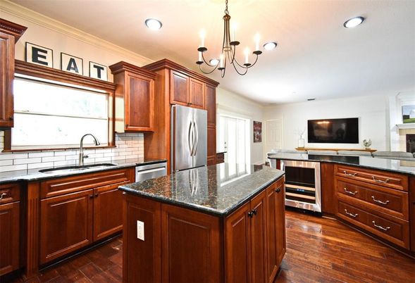 Chandelier, Interior, Kitchen, Recessed Lighting, Stainless Steel Appliances, Wood Texture Flooring