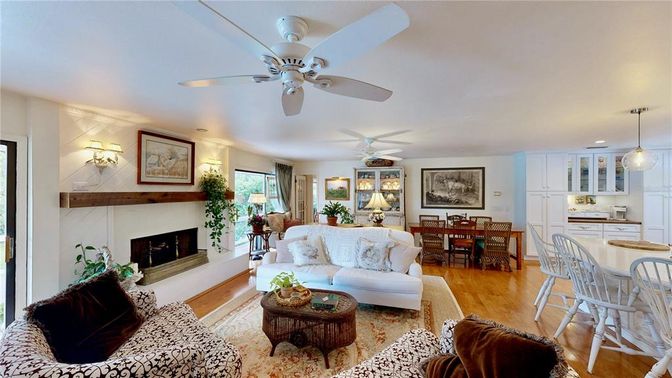 Dining room, Fireplace, Interior, Kitchen, Living room, Pendant Lights, Recessed Lighting, Wood Texture Flooring