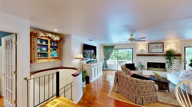 Fireplace, Interior, Living room, Recessed Lighting, Wood Texture Flooring