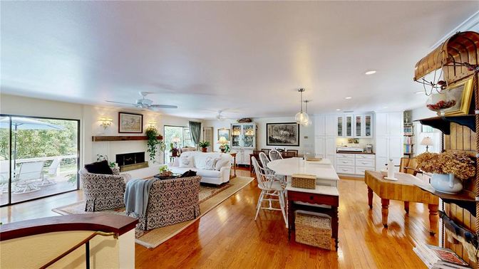 Dining room, Fireplace, Interior, Living room, Pendant Lights, Recessed Lighting, Wood Texture Flooring