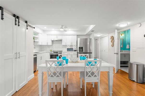 Interior, Kitchen, Recessed Lighting, Stainless Steel Appliances, Wood Texture Flooring
