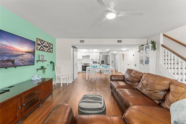 Dining room, Interior, Kitchen, Living room, Stainless Steel Appliances, Wood Texture Flooring